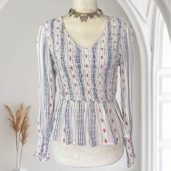Japna Romantic White Blue Striped Red Rose Flower Ruched Babydoll Top S - Picture 1 of 7